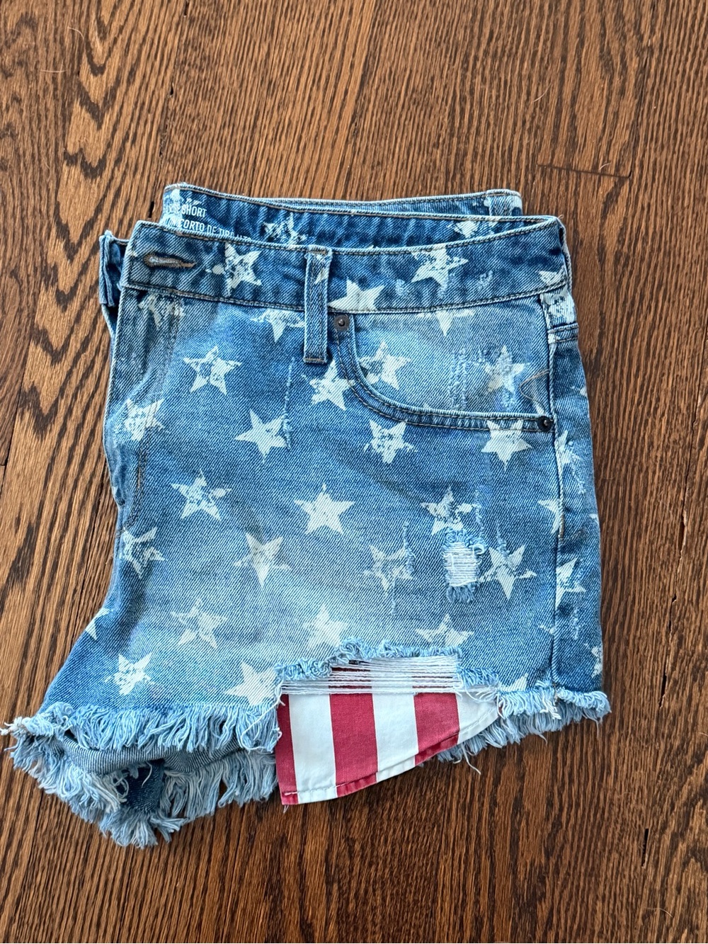 Mossimo Supply Co. Blue Star-Print Distressed Denim Shorts with Flag Accent